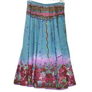Anitsa Paris Hand-Painted Sequins Womens M Cotton Midi Skirt Floral Boho Artwear